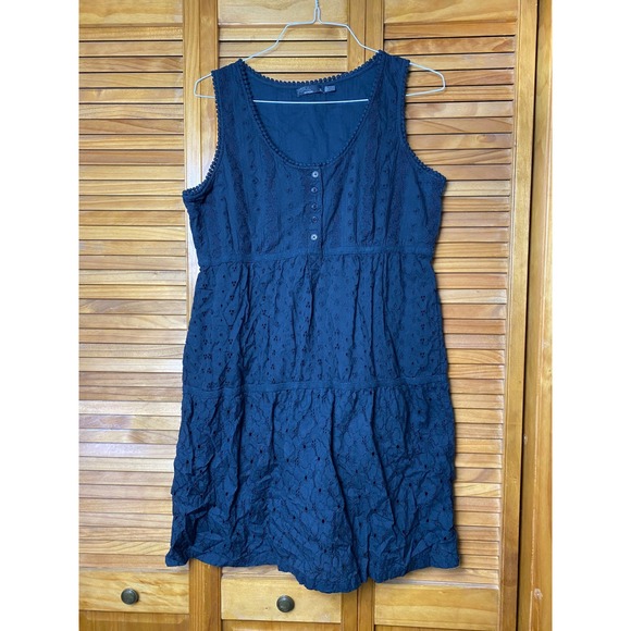 Prana Dresses & Skirts - Prana Black Cotton Eyelet Tiered Babydoll Dress Womens XL Sleeveless Pom Trim